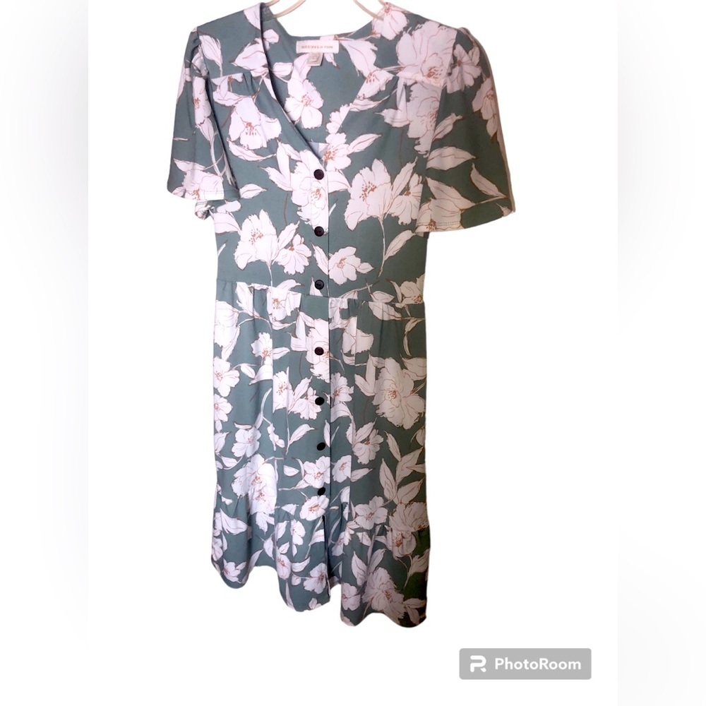Monteau Sage Green Floral Midi Dress with Flutter Sleeves | Size L - Picture 3 of 4